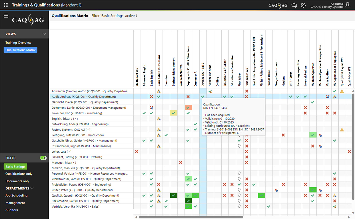 Skills Matrix in the Training Management Software Qualify.Net